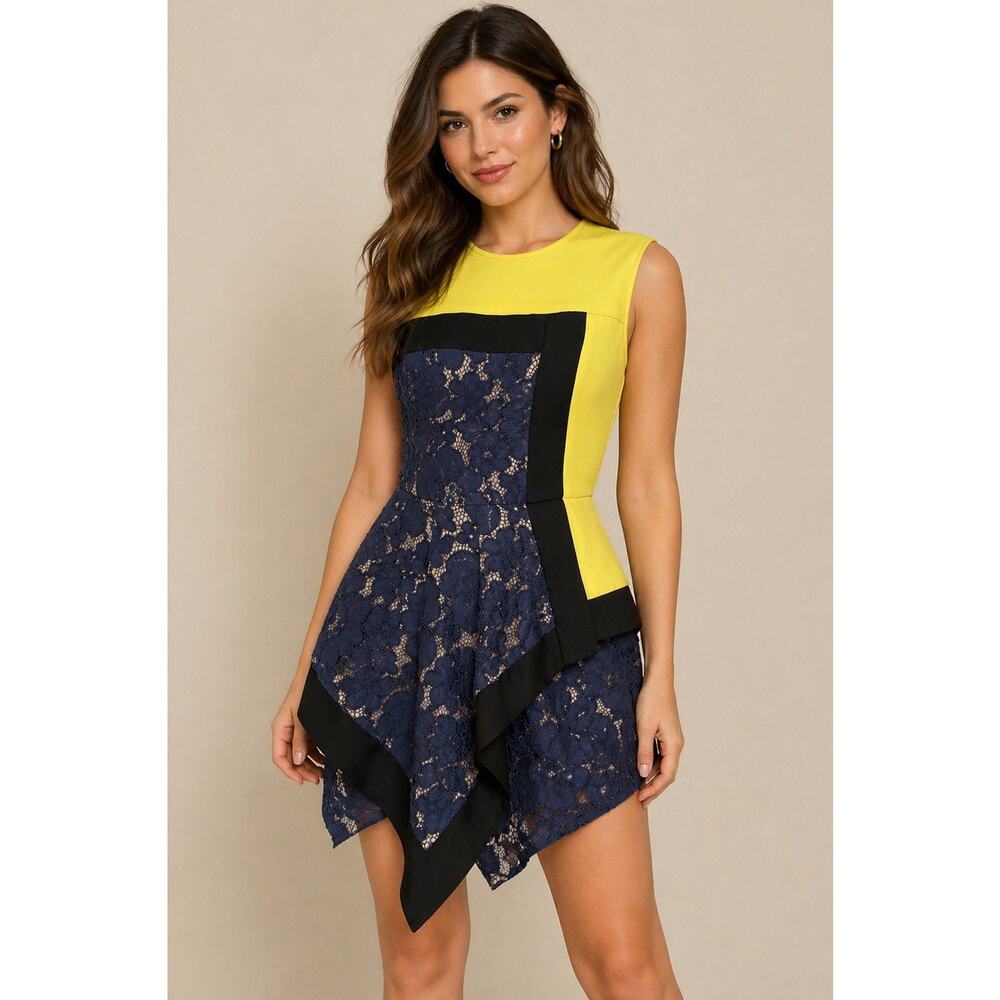 BCBGMAXAZRIA Women's Sleeveless Dress Size 4 Alessandra Navy Lace Yellow Peplum